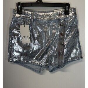 Zara High Rise Jeans Shorts Women Denim Metallic Foil Coated SilverBlue Button M